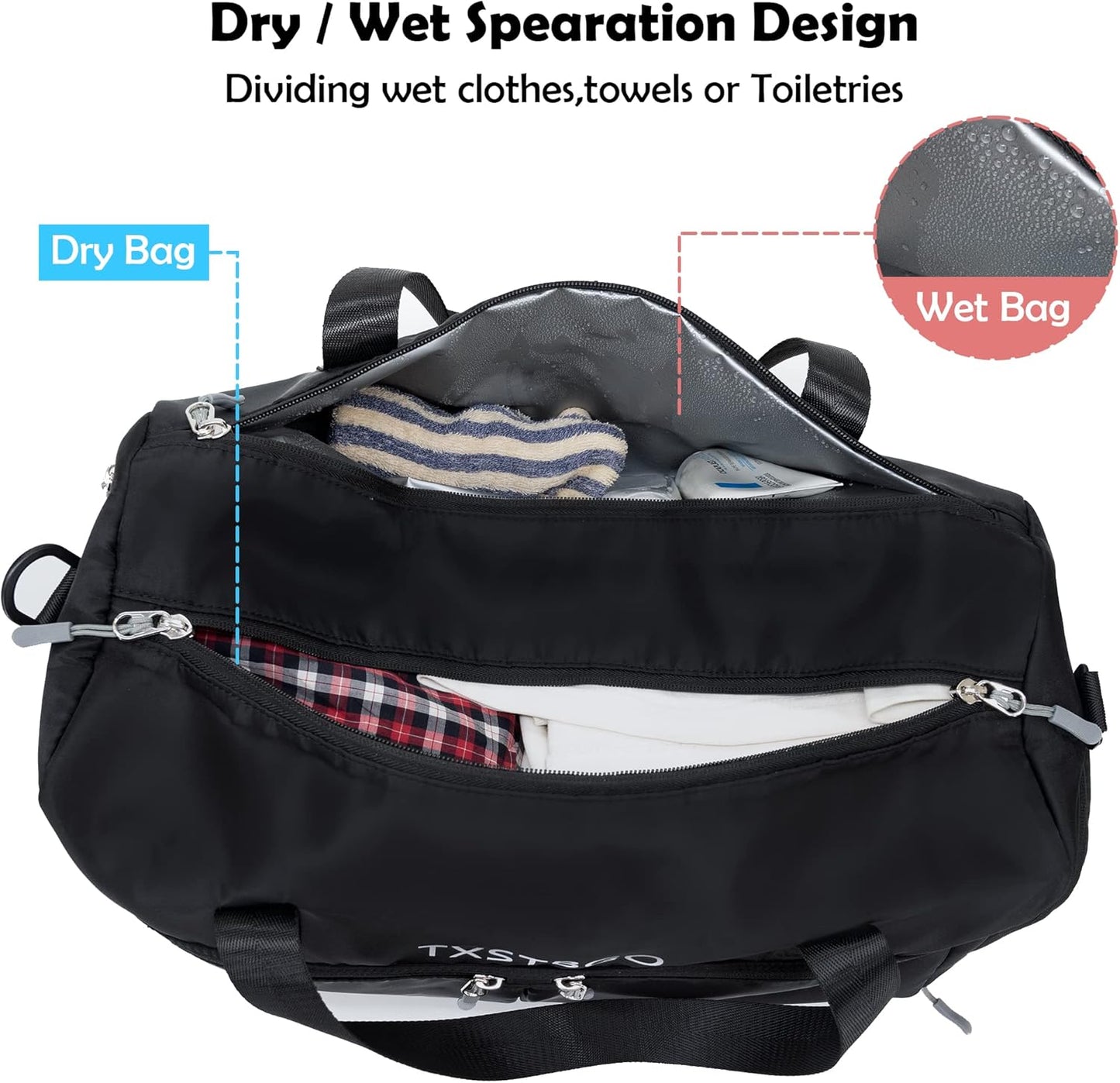 Gym Bag for Women and Men, 45L Duffle Bag with Wet Pocket & Shoes Compartment,Waterproof Travel Bag Sports Gym Bag for Football Dance Sports Gyms Swimming, Black
