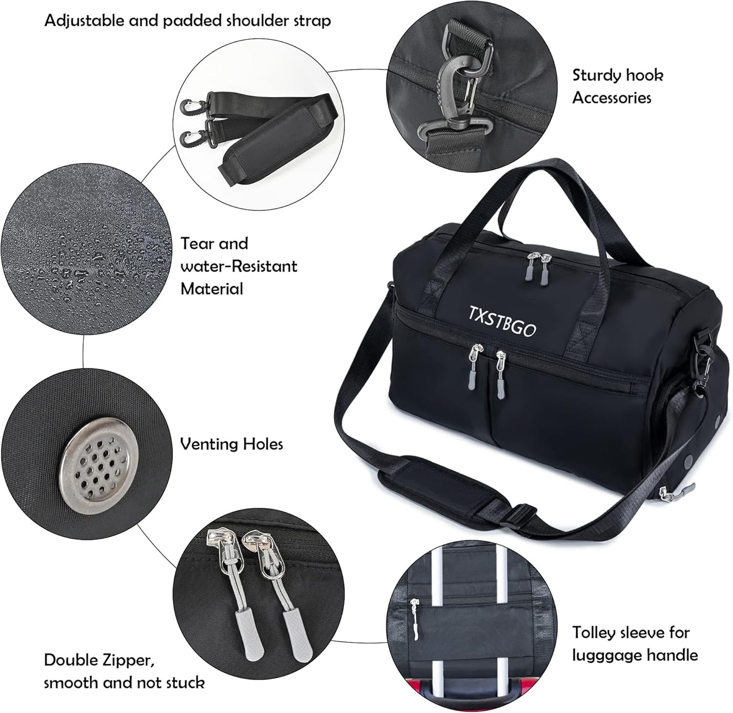 Gym Bag for Women and Men, 45L Duffle Bag with Wet Pocket & Shoes Compartment,Waterproof Travel Bag Sports Gym Bag for Football Dance Sports Gyms Swimming, Black