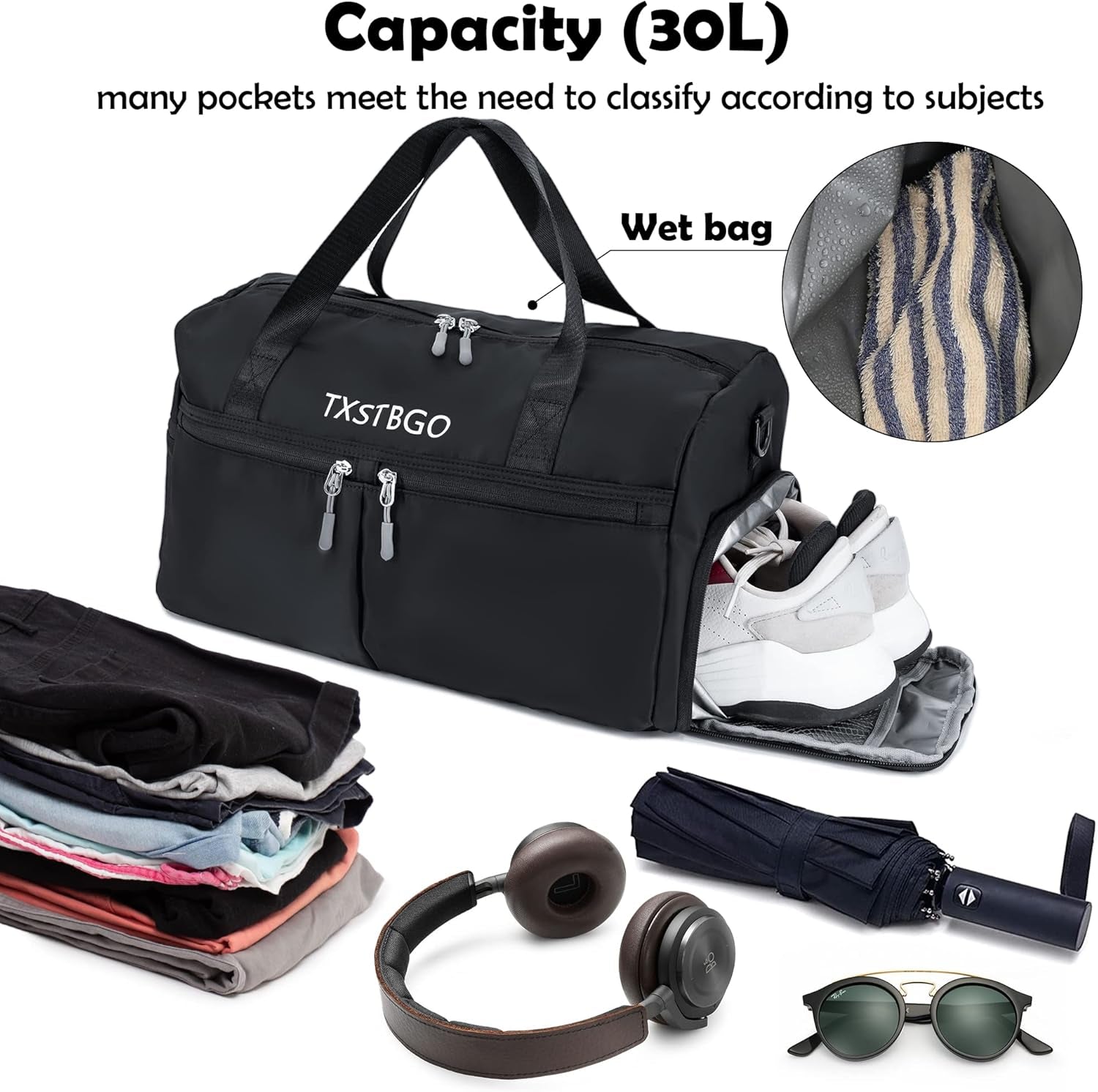 Gym Bag for Women and Men, 45L Duffle Bag with Wet Pocket & Shoes Compartment,Waterproof Travel Bag Sports Gym Bag for Football Dance Sports Gyms Swimming, Black