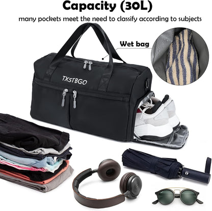 Gym Bag for Women and Men, 45L Duffle Bag with Wet Pocket & Shoes Compartment,Waterproof Travel Bag Sports Gym Bag for Football Dance Sports Gyms Swimming, Black